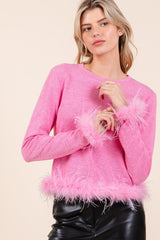Mittoshop Feather Trim Long Sleeve Crop Hacci Knit Top - Chic & Cozy Midweight Knitwear