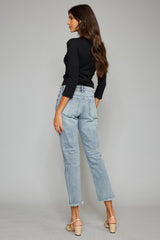 Kancan Women's High Waist Button Fly Jeans - Vintage Raw Hem Cropped Straight