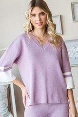 First Love Women's Contrast V Neck Ribbed Knit Top - Trendy & Comfortable