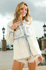 BiBi Snap Down Peplum Washed Shirt - Feminine Casual Style