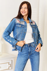 Trendy Leopard Floral Distressed Raw Hem Denim Jacket for Women