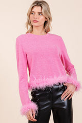 Mittoshop Feather Trim Long Sleeve Crop Hacci Knit Top - Chic & Cozy Midweight Knitwear