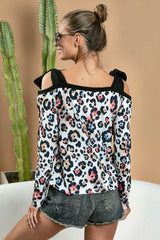 BiBi Leopard Shoulder Tie Long Sleeve Top - Trendy & Versatile Design