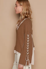Trendy POL Lace-Up Sleeve Color Block Ribbed Knit Top for Women