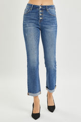 RISEN Women's Button-Fly Cropped Bootcut Jeans - Retro Style Denim