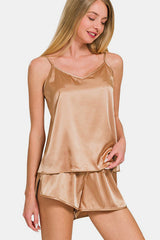 Luxurious Zenana V-Neck Satin Cami & Elastic Waist Shorts Lounge Set
