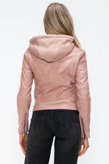 Chic Women's Faux Leather Hooded Jacket with Sporty Drawstring & Zip-Up
