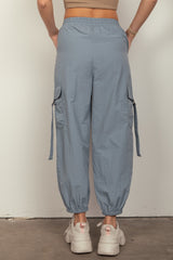 VERY J Y2K Elastic Waist Cargo Pants with Utility Pockets - 100% Nylon