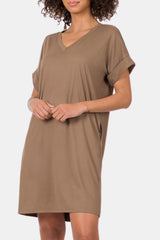 Zenana Women's Versatile Rolled Sleeve V-Neck Dress – Breathable & Stylish