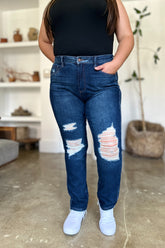 Judy Blue High Waist Heavy Destroy Straight Jeans - Full Size Rigid Magic Denim