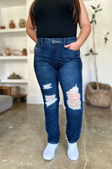 Judy Blue High Waist Heavy Destroy Straight Jeans - Full Size Rigid Magic Denim