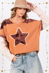 SAGE + FIG Star Patch Long Sleeve Color Block T-Shirt - Trendy Oversized Cotton Tee