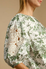 Umgee Floral Blouse with Pleated Details and Lace Trim Sleeves