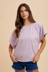 Annie Wear Women's Checkered Round Neck Short Sleeve T-Shirt - Trendy Casual Top