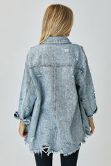 Stylish RISEN Distressed Raw Hem Denim Shirt – Casual Edgy Wardrobe Essential