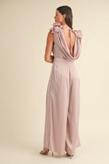 MABLE 3D Floral Applique Satin Jumpsuit with Deep Cowl Neck