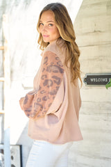Hailey & Co Women's Leopard Sleeve Color Block Knit Top - Mock Neck, Relaxed Fit