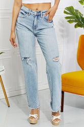 Vervet by Flying Monkey High Waist 90's Dad Jeans - Distressed & Light Wash