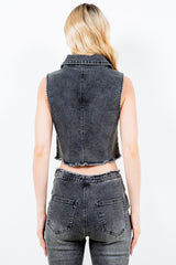 Trendy American Bazi Zip Up Washed Crop Denim Vest for Women