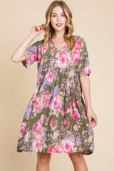 BOMBOM Floral V-Neck Ruched Dress - Elegant & Stylish