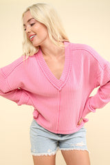 VERY J Women's Exposed Seam V-Neck Ribbed Knit Top - Cozy Autumn Layering Essential