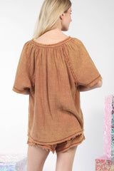 Trendy Washed Cotton Crinkle Gauze Top & Shorts Set with Frayed Hems