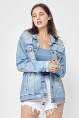RISEN Women's Full Size Distressed Long Sleeve Denim Jacket - Vintage Style