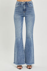RISEN Women's High Waist Raw Hem Flare Jeans - Retro Chic Denim for Fashion-Forward Styles