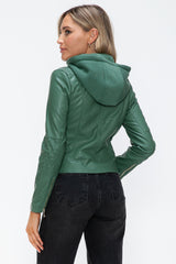 Snobbish Faux Leather Hooded Jacket with Zip-Up & Drawstring