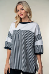 White Birch Women's Striped Contrast Round Neck Top - Fashionable Full Size