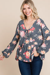 Elegant Floral Long Sleeve Babydoll Blouse - Women's Full Size Top by Super Lady