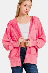 Zenana Women's Acid Washed French Terry Zip-Up Hoodie with Pockets and Adjustable Drawstring