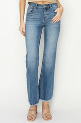 RISEN Mid-Rise Frayed Hem Bootcut Jeans - Trendy & Comfortable Denim