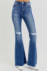 RISEN High Rise Distressed Flare Jeans with Raw Hem - Full Size Trendy Women's Denim