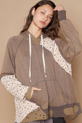 POL Floral Patchwork Distressed Hoodie with Drawstring and Pockets - Unique Style & Comfort