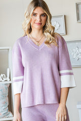 First Love Women's Contrast V Neck Ribbed Knit Top - Trendy & Comfortable