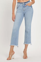 RISEN High Rise Raw Edge Crop Jeans - Stylish Denim with Modern Raw Hem