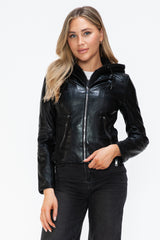 Trendy Faux Leather Zip-Up Jacket with Drawstring Hood - Snobbish Collection by NK Wears