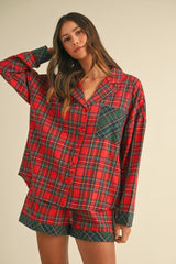 Annie Wear Contrast Plaid Long Sleeve Top & Shorts Set - Chic & Modern Ensemble