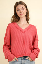 Cozy Fall Fashion: VERY J Women's V-Neck Ribbed Knit Top with Exposed Seams