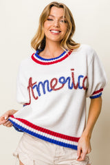 BiBi Women's Metallic America Short Sleeve Sweater - Trendy Patriotic Style