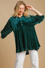 Umgee Pearl Detail Velvet Babydoll Blouse – Chic Half Sleeves & Elegant Style