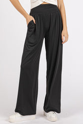 Mittoshop Women's Stretch Banded Waist Wide Leg Pants with Pockets - Versatile Comfort & Style