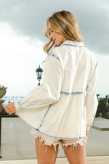 BiBi Snap Down Peplum Washed Shirt - Feminine Casual Style