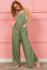 BiBi Ruched Wide Leg Overalls with Pockets - Trendy Cotton-Linen Blend