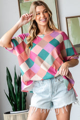 HOPELY Women's Full Size Multi-Colored Argyle Side Slit T-Shirt – Vibrant & Comfortable Style