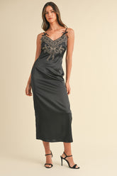 Elegant Mable Embroidered Satin Midi Slit Dress for Special Occasions