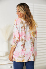 Elegant Floral Round Neck Three-Quarter Sleeve Women's Top