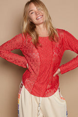 POL Women's Exposed Seam Long Sleeve Lace Knit Top - Elegant Round Neck Blouse