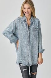 Stylish RISEN Distressed Raw Hem Denim Shirt – Casual Edgy Wardrobe Essential